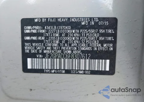 2015 Subaru Xv Crosstrek 2.0I Premium z USA, uszkodzony, nr VIN JF2GPACC6F8307612